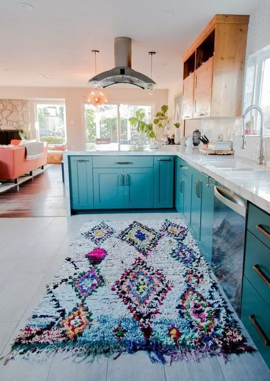 teal and white kitchen