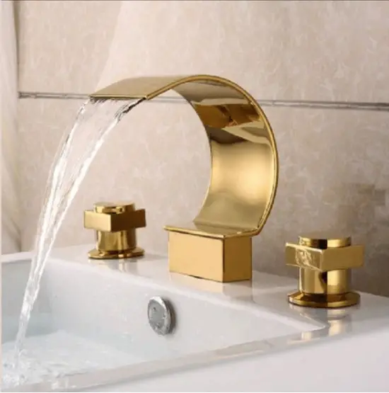 Gold Polished Waterfall Bathroom Sink Faucet Widespread 3 Holes Basin Mixer Tap