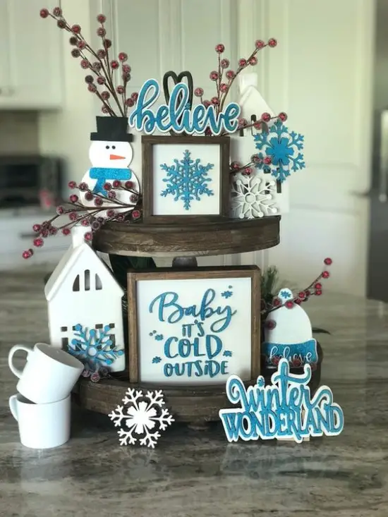 blue and white holiday tiered tray display