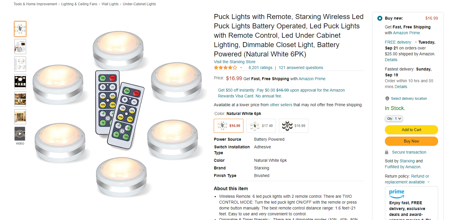 Amazon.com Starxing Battery Operated Under Cabinet Lights, Puck Lights With Remote