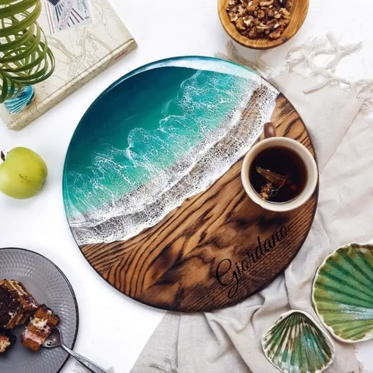 Personalized Round Wooden Ocean Resin Art Cheese Board