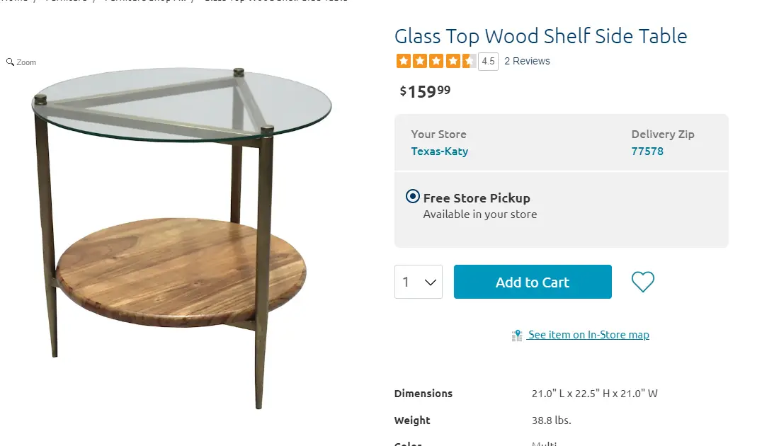 Copper Peak glass top wood shelf side table